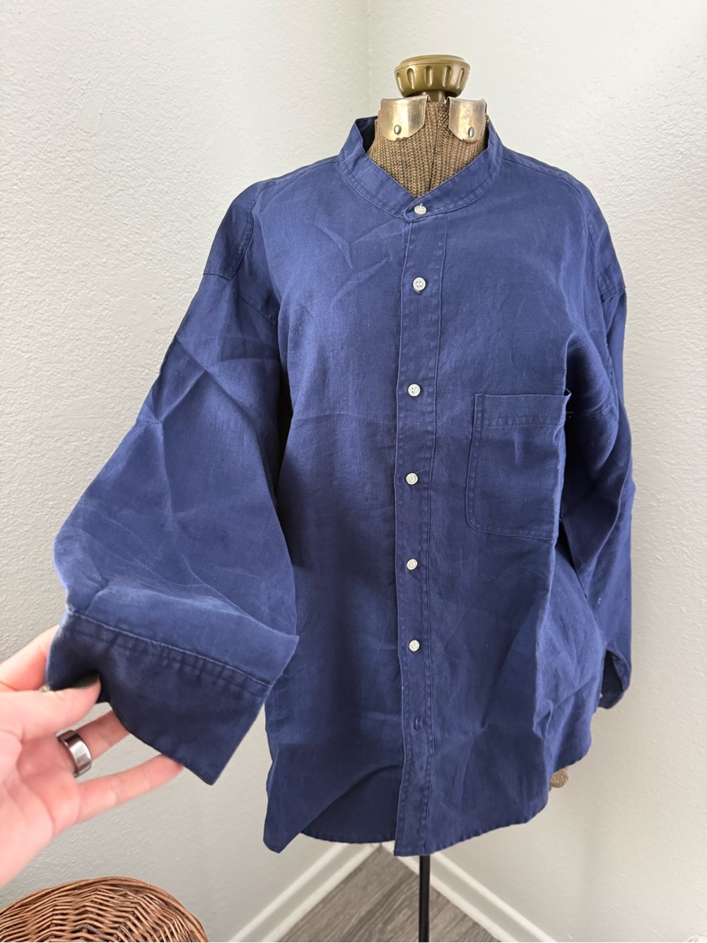 Men's Navy Mandarin Collar Button-Up Jacket